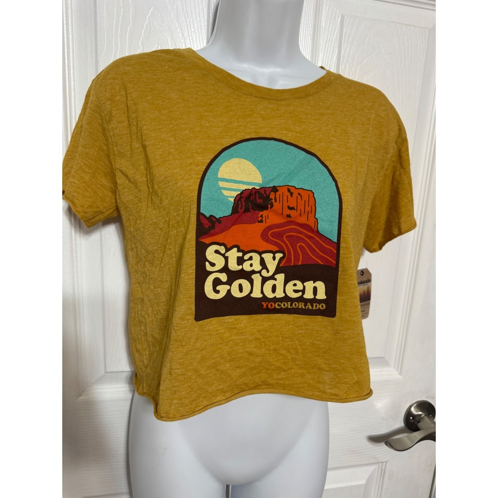 YoColorado Stay Golden Graphic Crop Top Mustard Yellow Heather Medium NWT